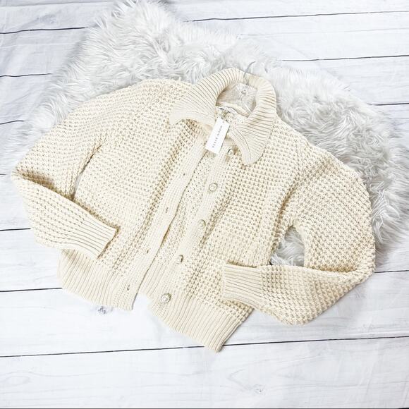 Moon River Collared Puff Sleeve Faux Pearl Button Sweater Cardigan Size Large - Picture 3 of 6